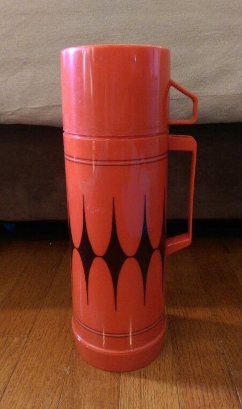 Vintage Aladdin Insulated Flask Thermos - Red with Black Diamond Pattern 1 Quart